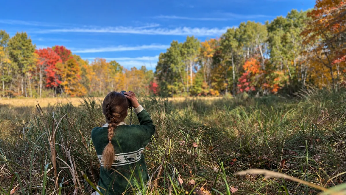 Young person with a long braid looking through binoculars across a meadow toward autumn trees